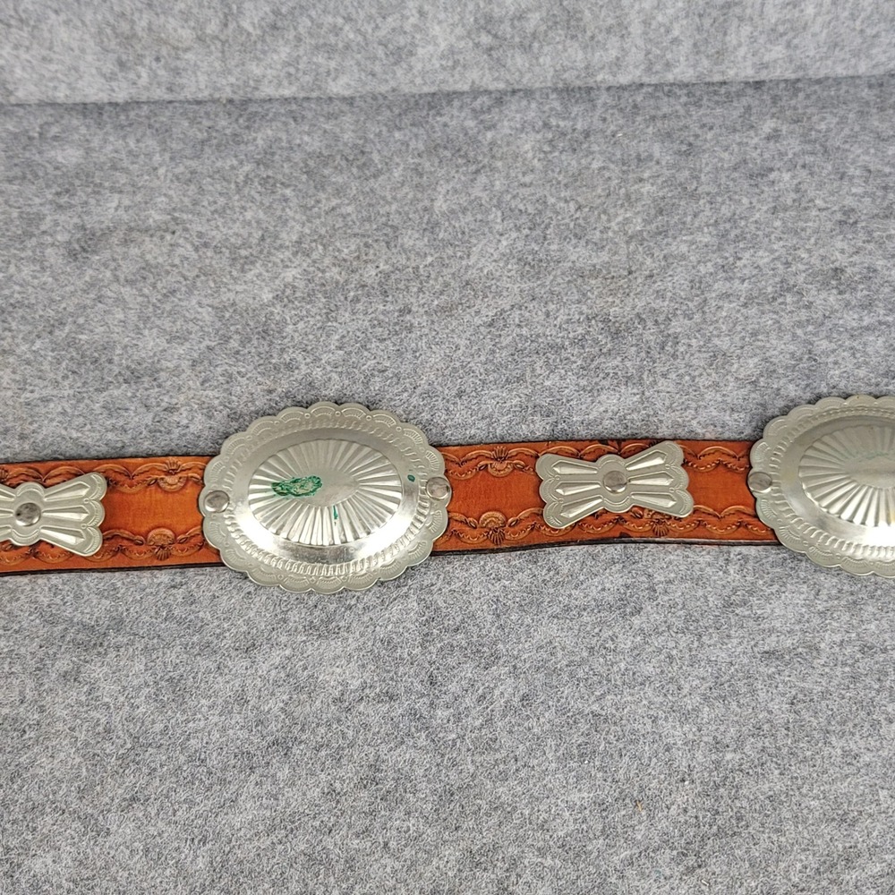 Vintage Western Tooled Leather Concho Belt Brown Silver Tone Southwestern 36 NOS - Picture 5 of 10